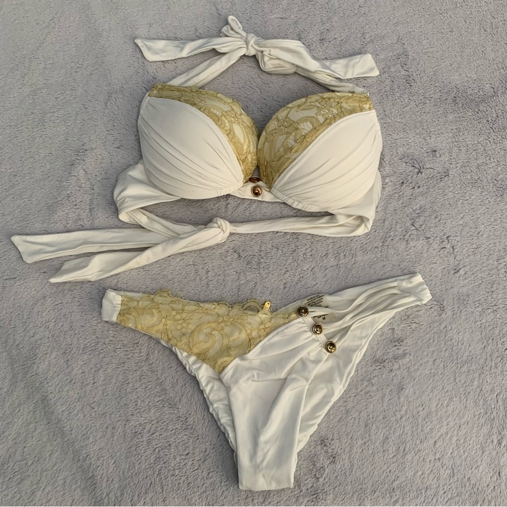 Beach Bunny White and Gold Bikini with Push-Up Top